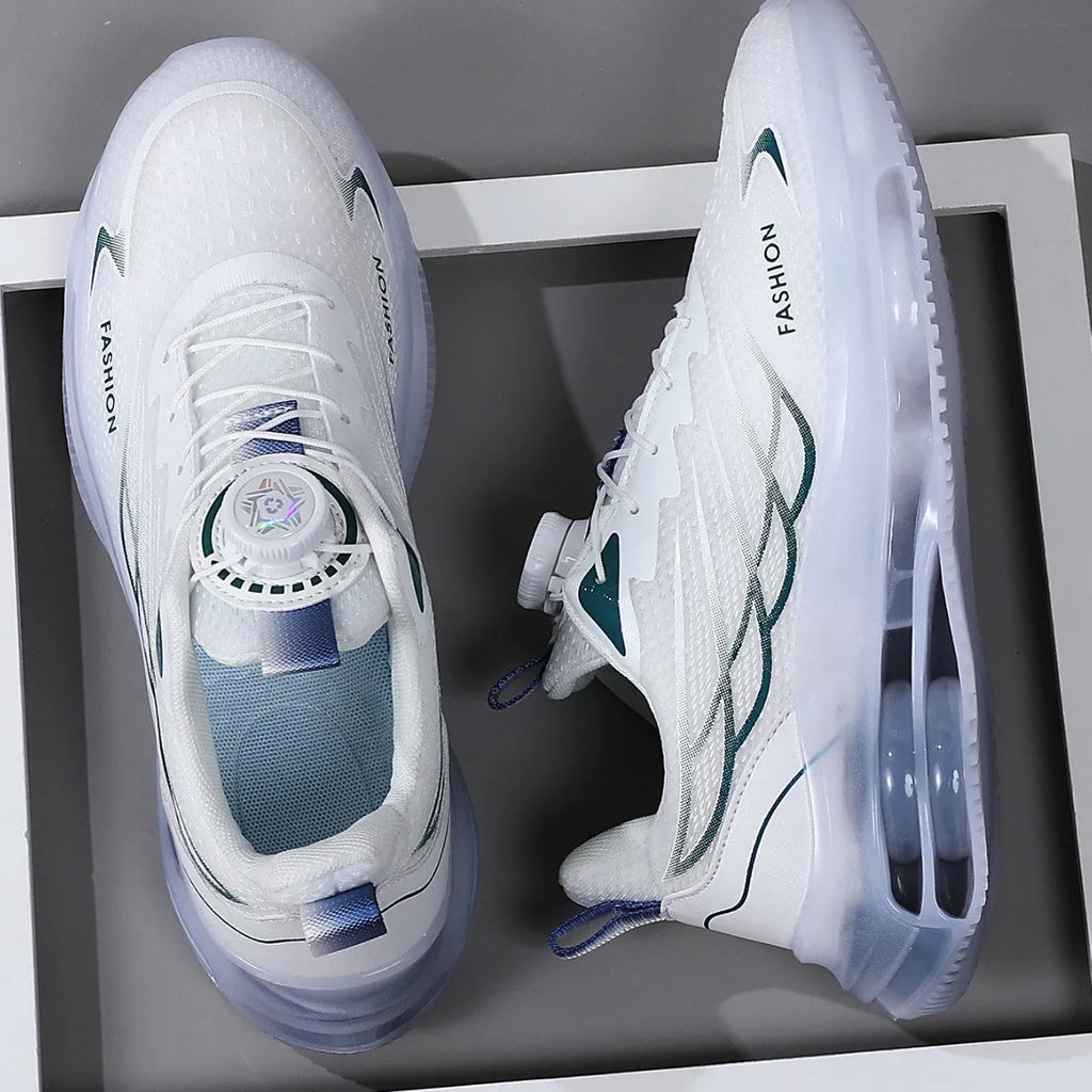 White rotating button sports shoes with mesh construction and rubber sole, showing lace-up front and Korean style design