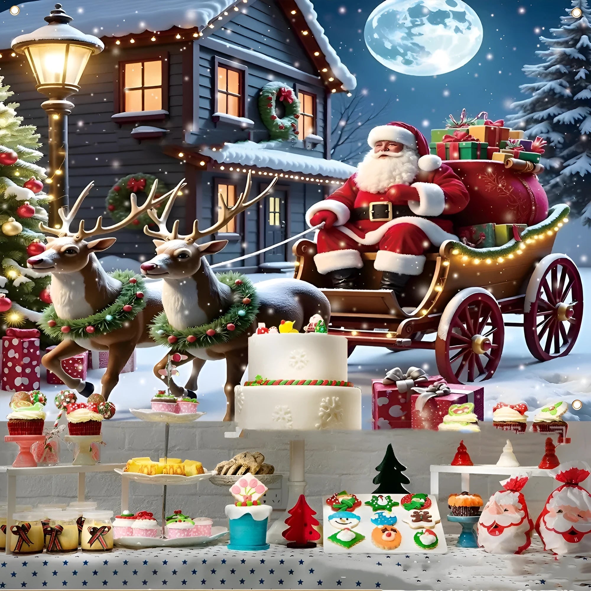 Santa Claus Christmas banner 210x150cm with night sky scene and gifts