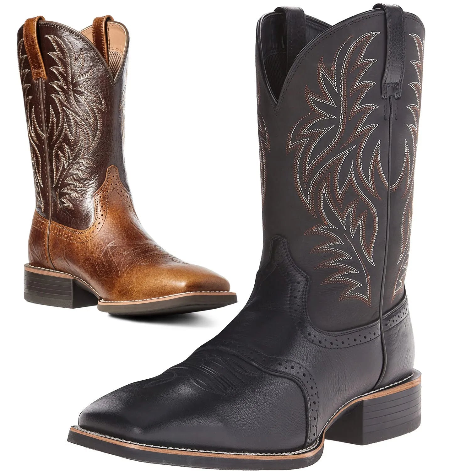Men's black Western cowboy boots with high embroidery vintage pattern, square toe wide head design, and high cylinder construction
