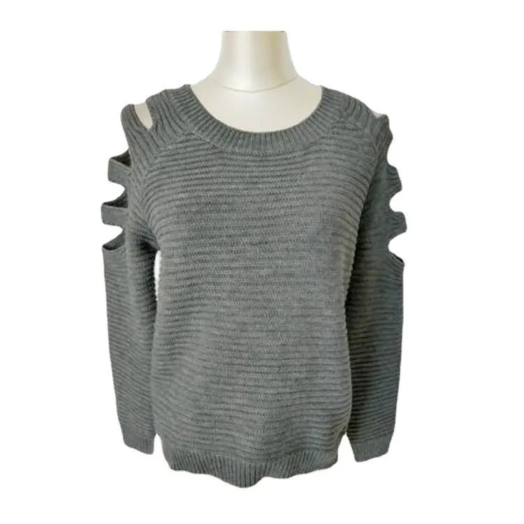 Women's grey knitted round neck shirt with decorative hollow-out long sleeves.