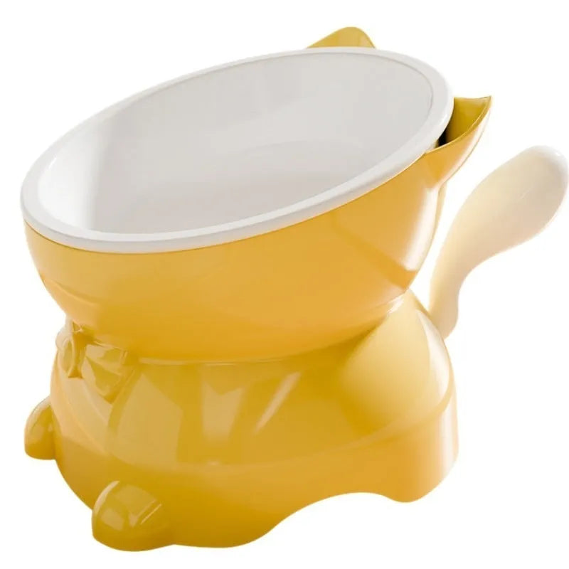 Stainless steel oblique anti-fall cat bowl in black, blue, pink, and yellow colour options.