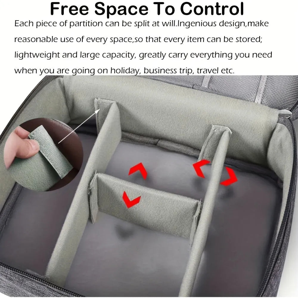 Black or grey waterproof travel cable organiser bag open to show mesh pockets and removable padded dividers