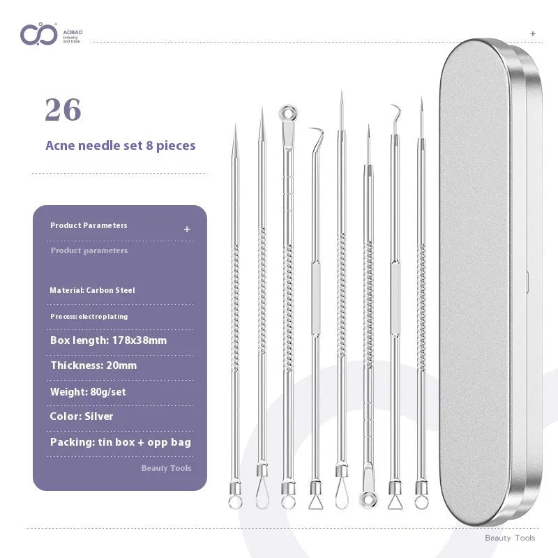 Four-piece metal acne needle set with ultra-fine pointed tips for blackhead removal