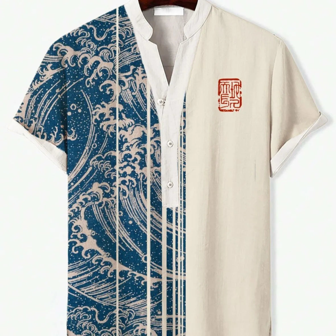 3D digital animal pattern short sleeve shirt on a hanger, showing the print detail.