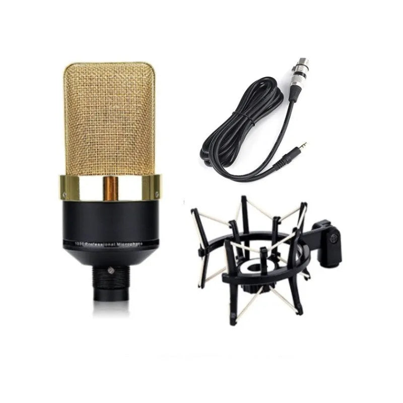 Wired condenser microphone with stand in black gold or champagne gold finish for vocal recording and broadcasting.