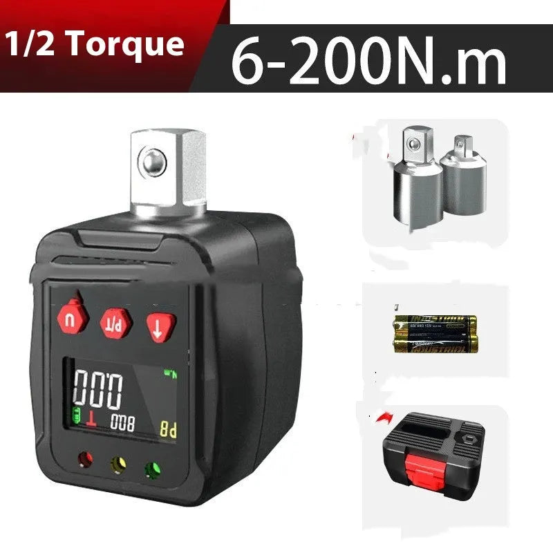 Digital torque meter with 1/2 inch drive head and display, part of a three-piece set.