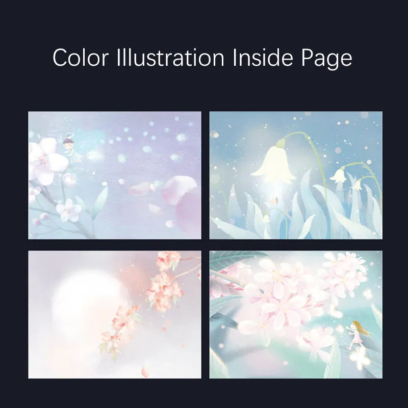 A5 notebook with a luminous cover in one of four colours, open to show pages with colour illustrations