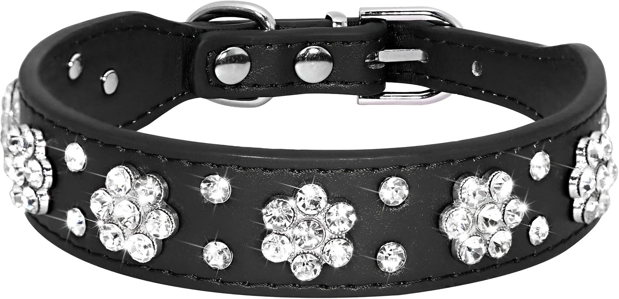Close-up of a black PU leather dog collar with sparkling rhinestone flowers and a metal D-ring.