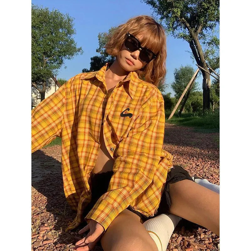 Dopamine yellow plaid shirt in loose cardigan style with chemical fibre blend fabric