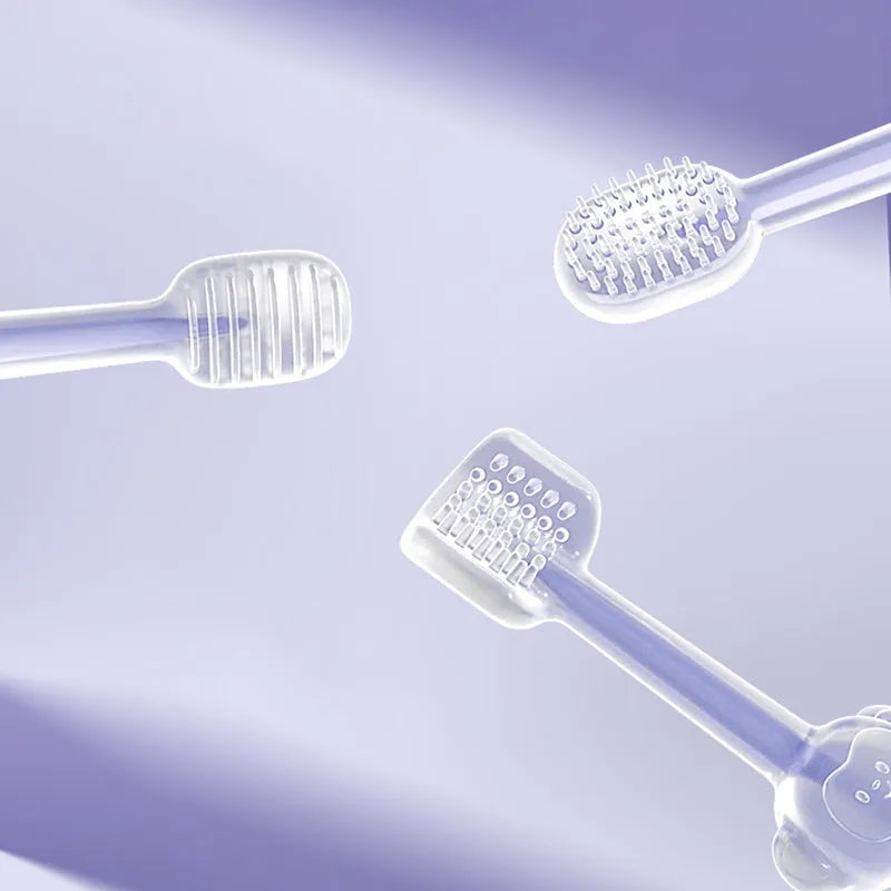 Silicone pet toothbrush set for dogs and cats in blue, green, and purple colours