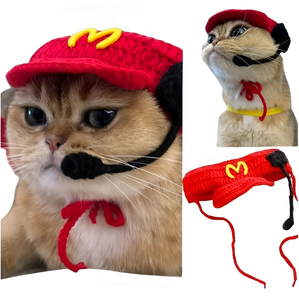 Handmade knitted cotton chef hat sweater costume on a small cat or dog