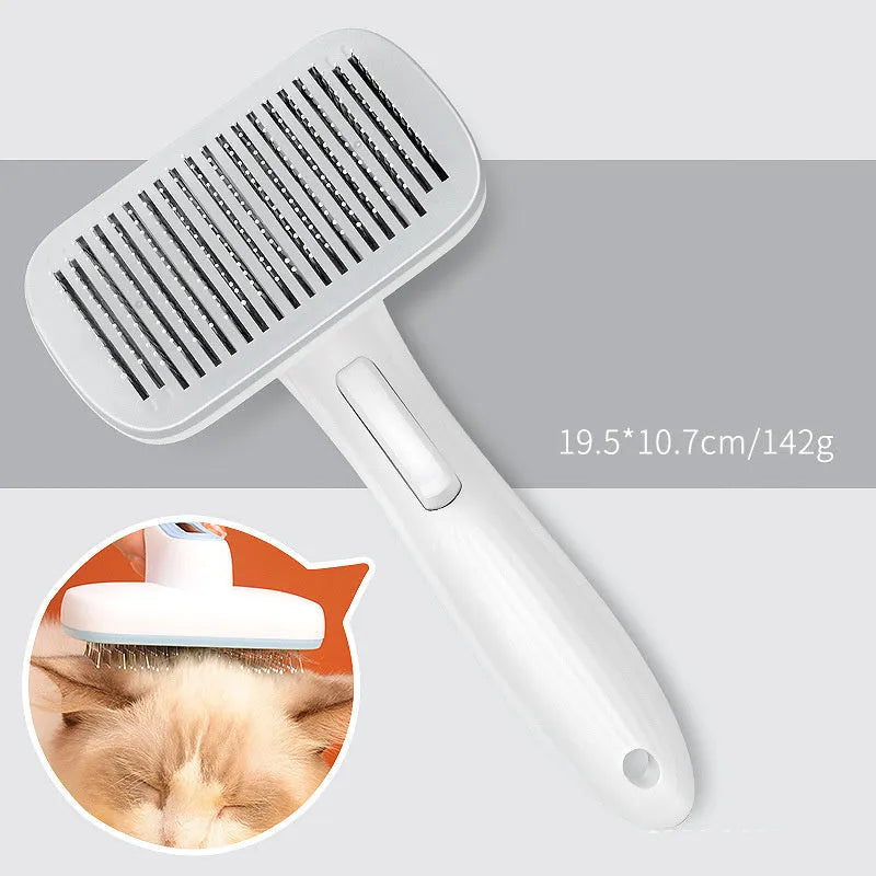 Automatic pet hair removal comb for dogs and cats in blue, grey, green or pink.