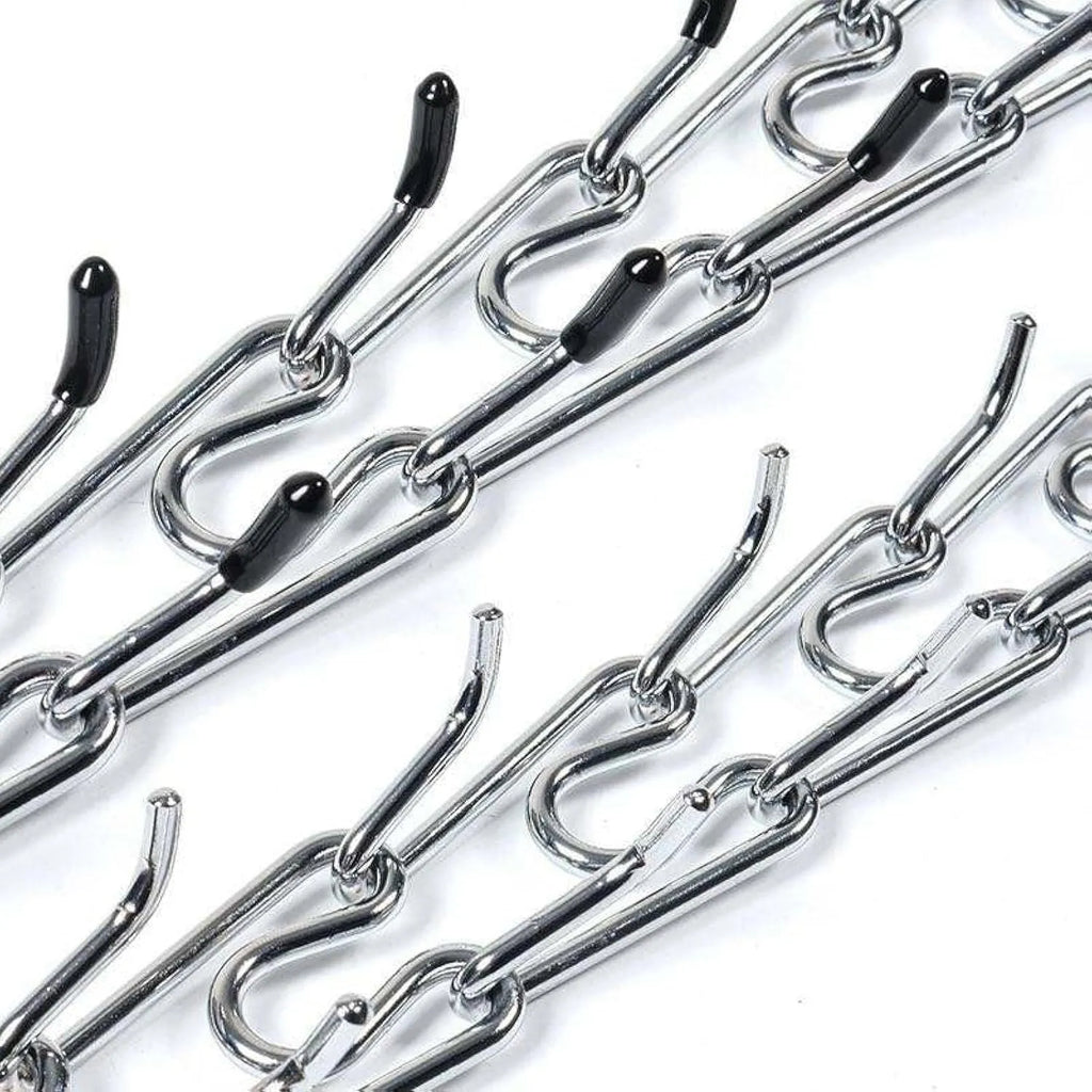 Stainless steel dog prong training collar with round links, rubber tips, shown in adjustable sizes for medium and small dogs.