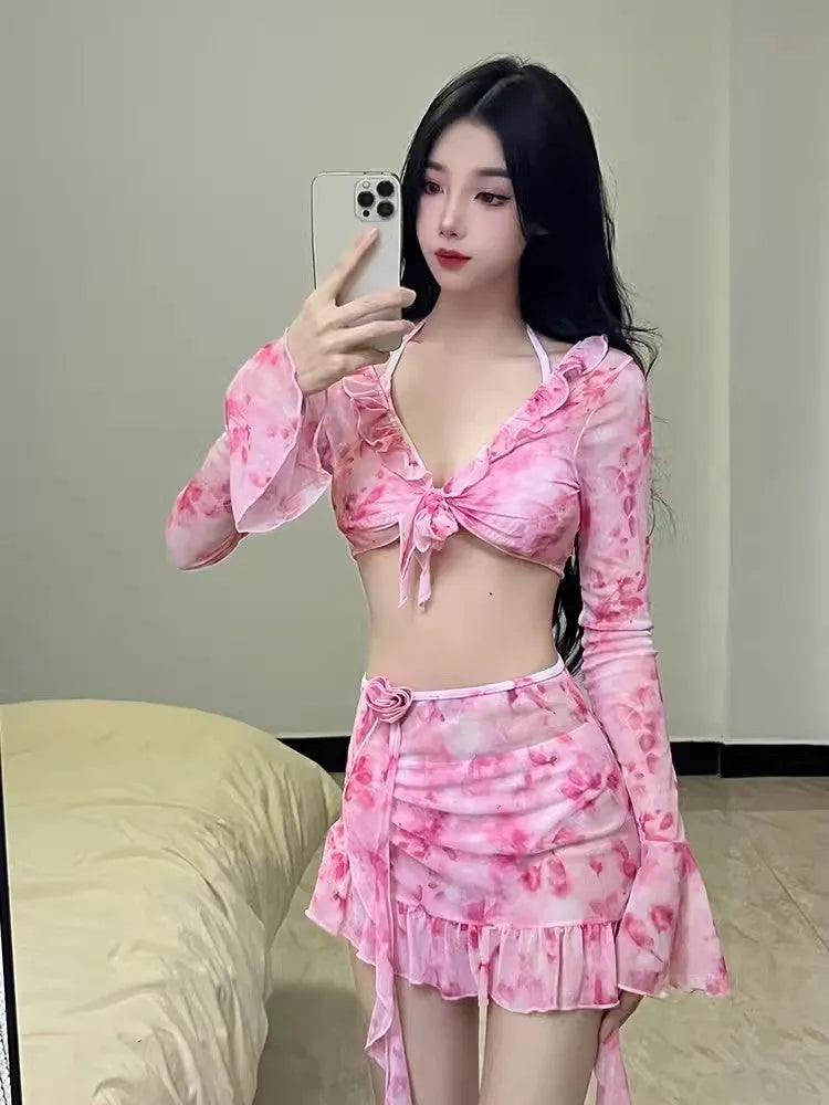 Women's floral bikini swimsuit in cherry blossom pink with polyester fabric