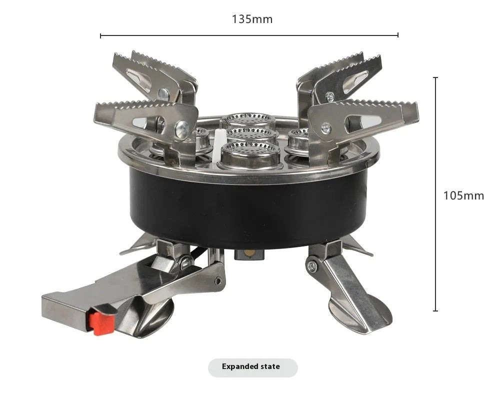 Silver foldable stainless steel split camping stove with copper fittings and a long hose.