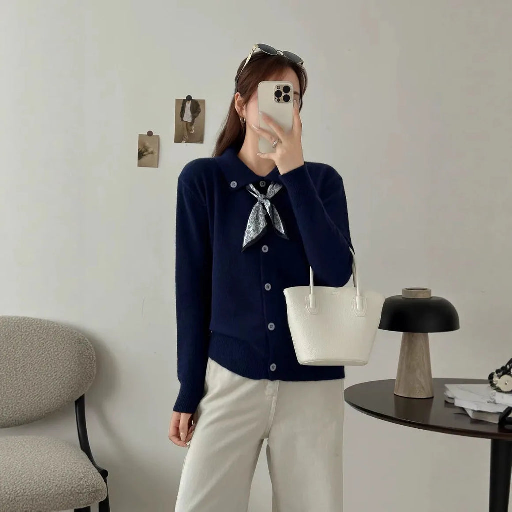 Women's lapel scarf sweater cardigan in acrylic fibre available in four neutral colours