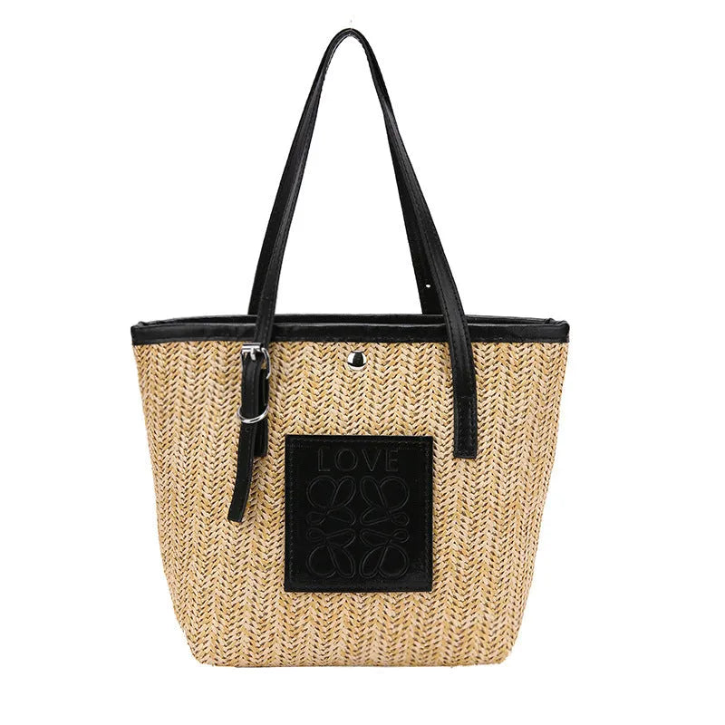 Women's woven straw shoulder bag with square shape and large capacity in black colour