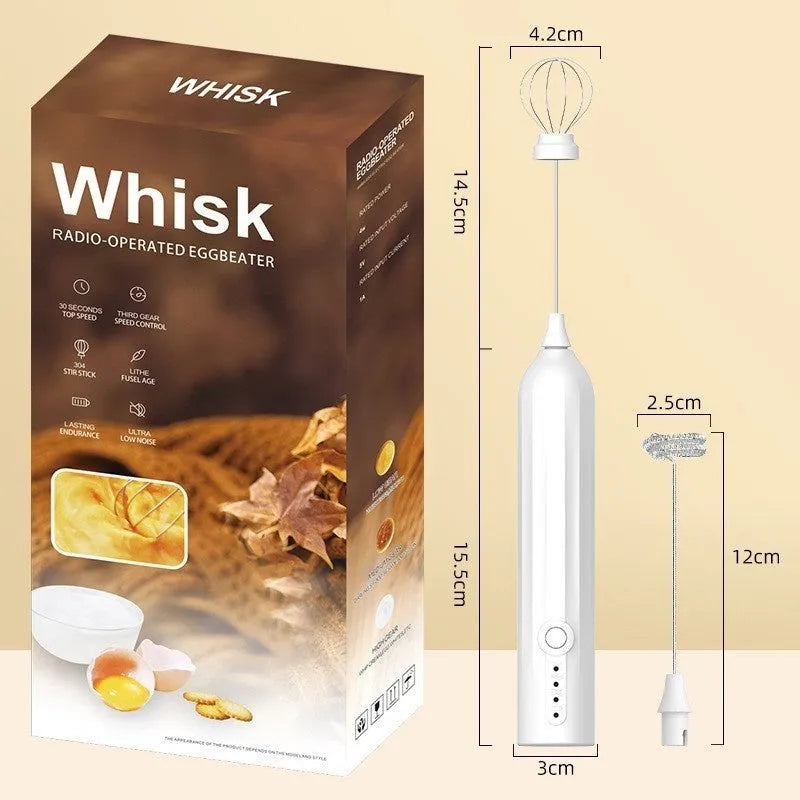 Mini handheld USB rechargeable milk frother in black, white, and khaki colour options