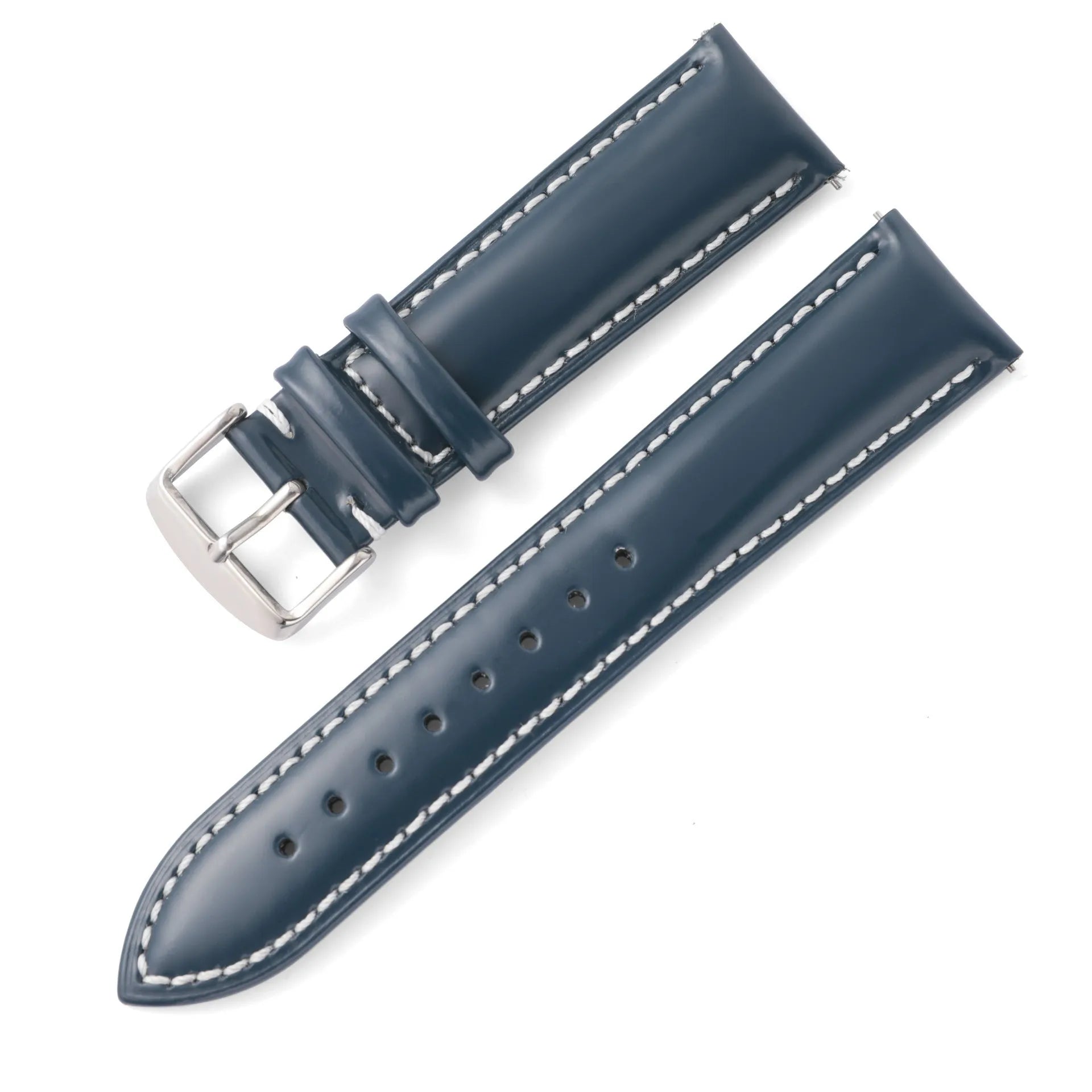 Quick release leather watch strap in bright cowhide showing colour options and width measurements