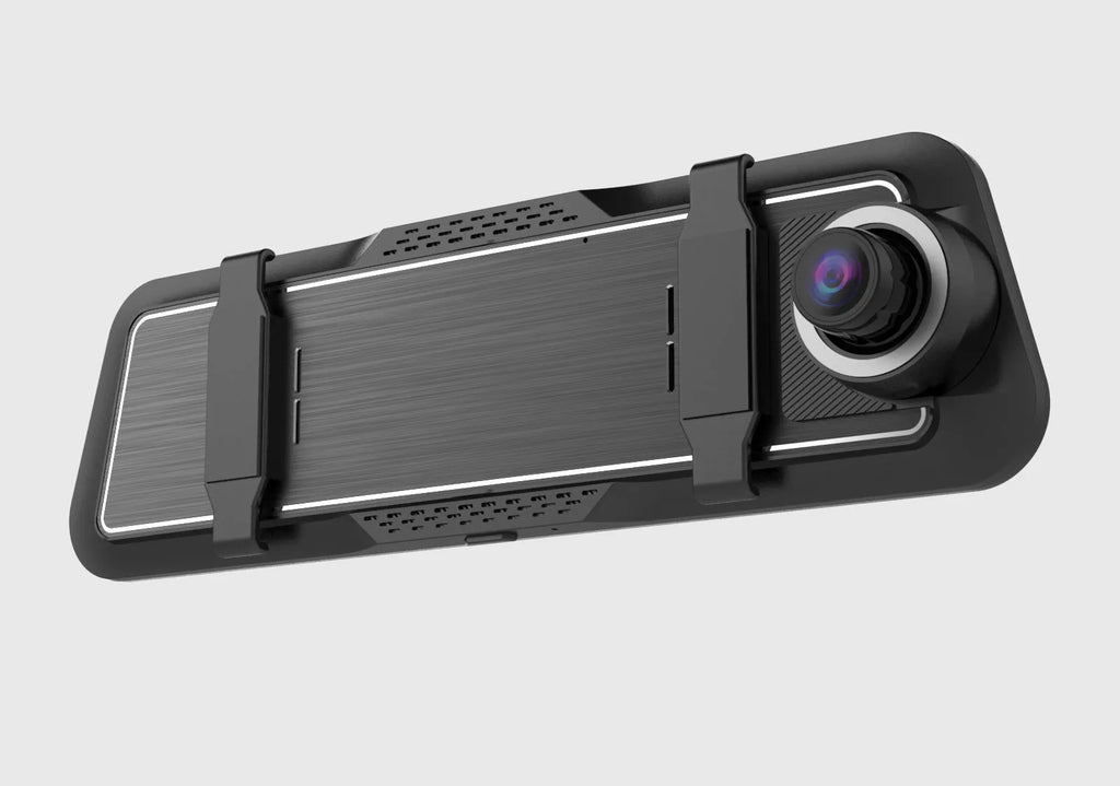 Black dual-lens driving recorder with large touch screen mounted on a car windscreen.