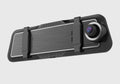 Black dual-lens driving recorder with large touch screen mounted on a car windscreen.