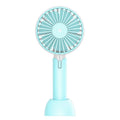 Blue handheld mini silent desktop electric fan with USB cable, three-speed control, and shaking head function.