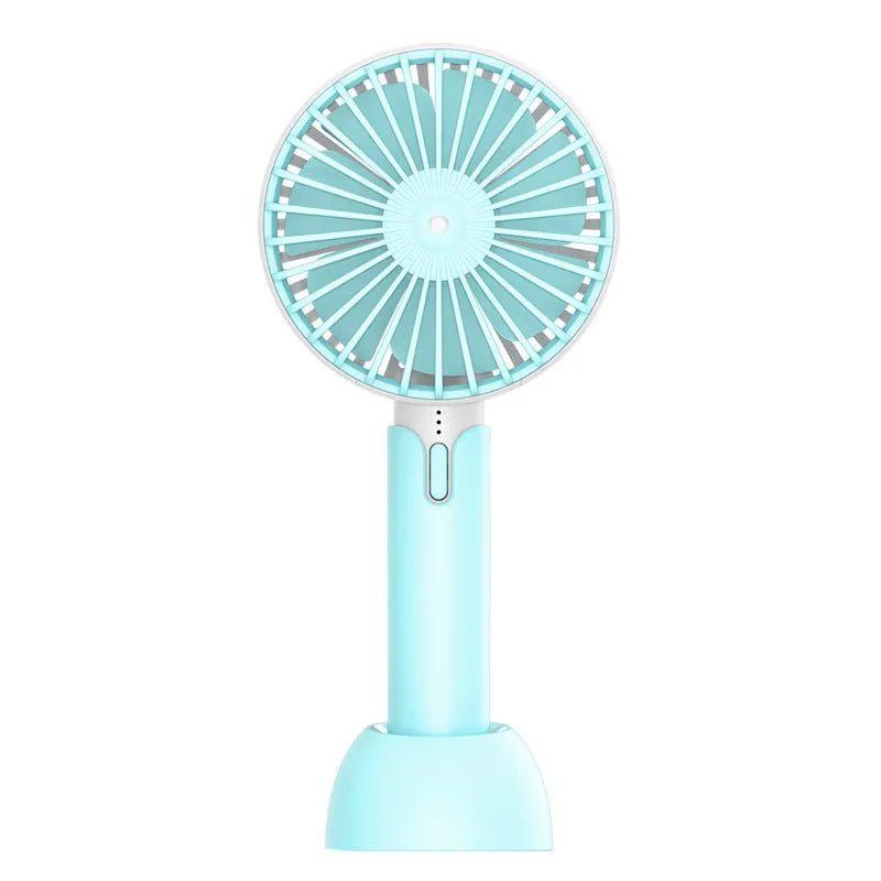 Blue handheld mini silent desktop electric fan with USB cable, three-speed control, and shaking head function.