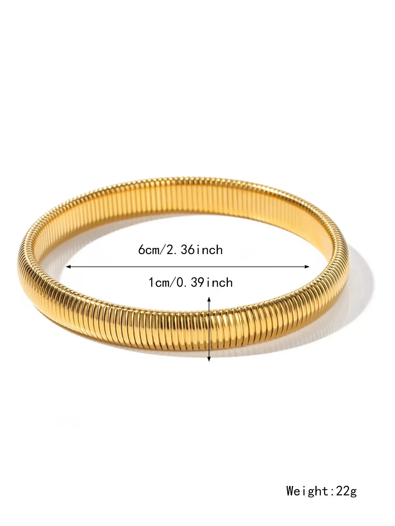 Gold titanium steel women's bracelet with elastic band and vertical stripe ring pattern, shown at 2cm width.