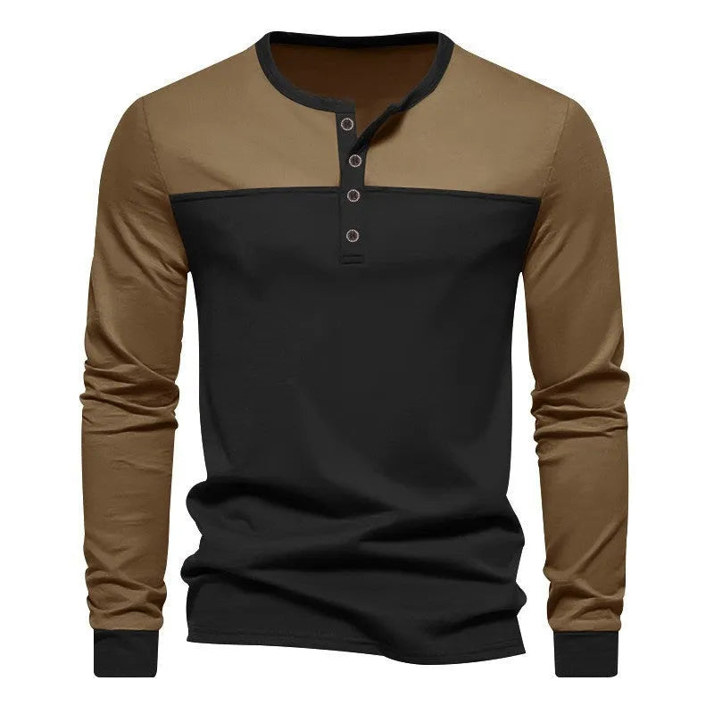 Men's long-sleeve Henley collar casual shirt in beaded twill polyester fabric