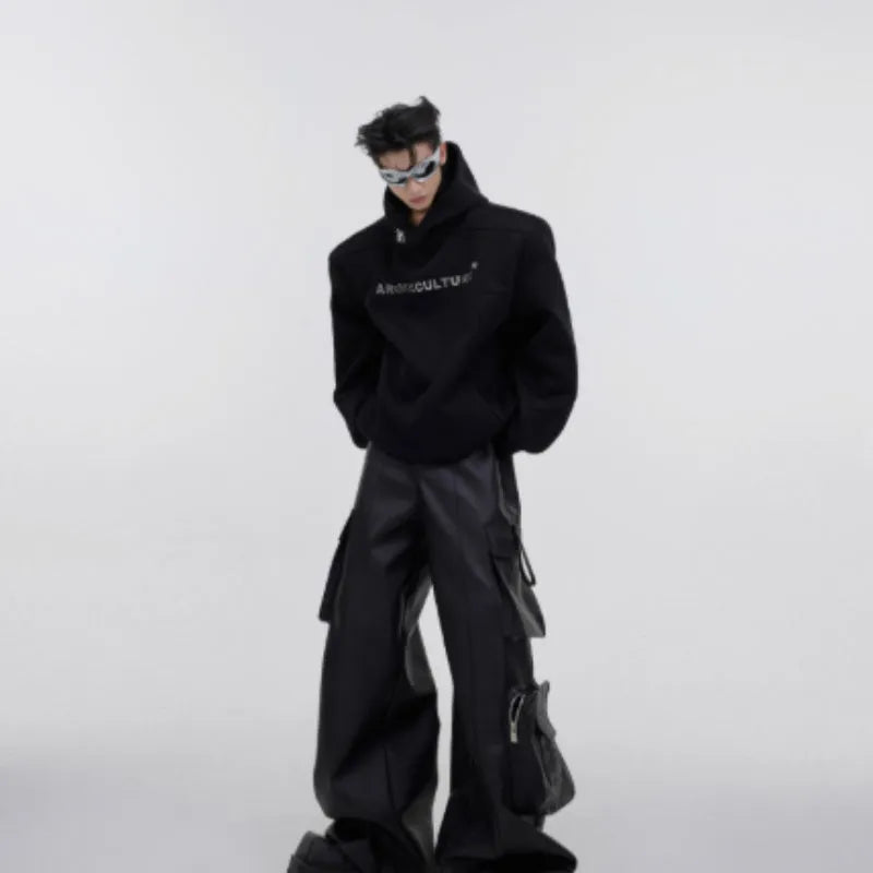 Men's loose-fit hooded sweater with heavy shoulder pads and metallic 3D printing design in red