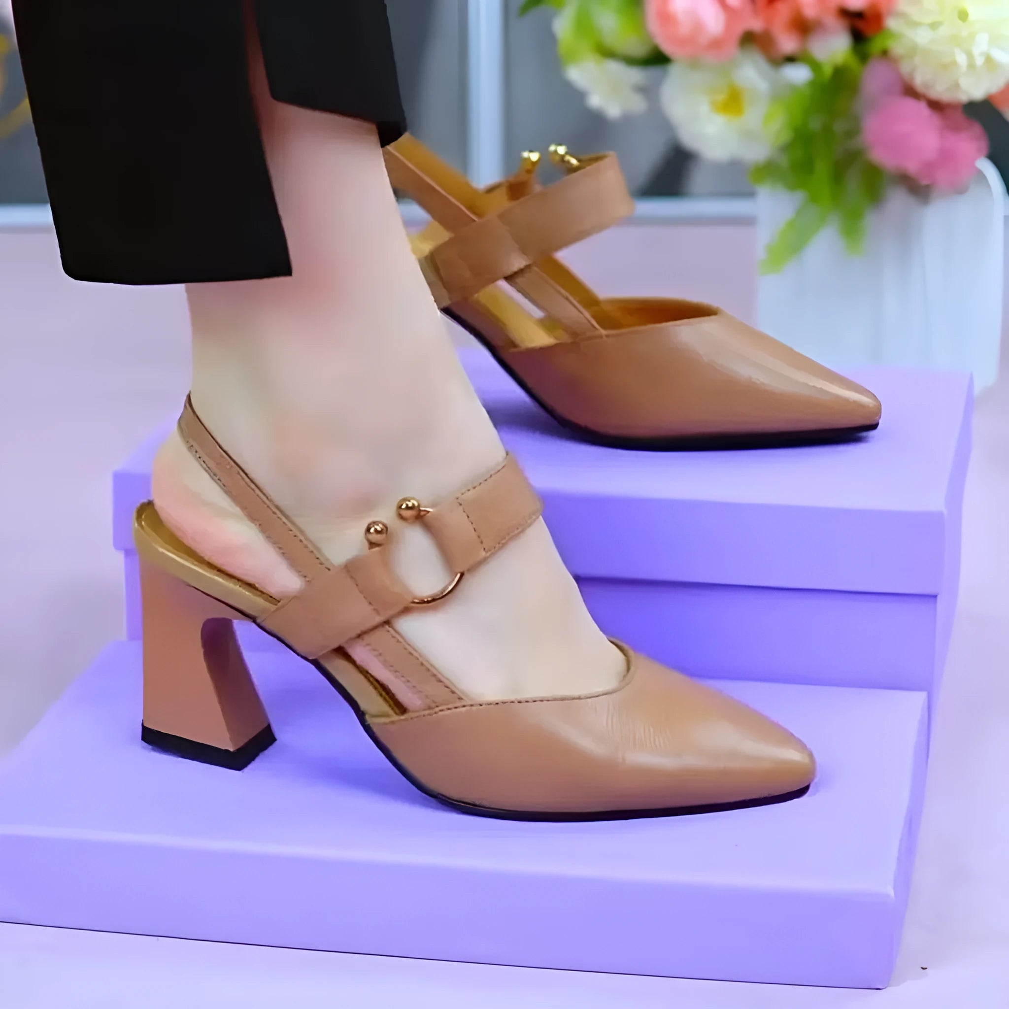 Women's apricot pigskin leather sandals with closed toe and chunky block heel on a white background.