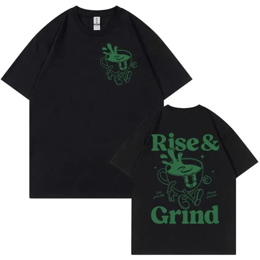 Cartoon Rise and Grind Green Coffee print on a loose-fit linen blend T-shirt.