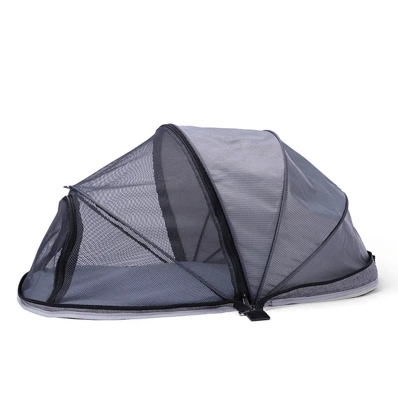 Foldable black and blue half mesh cat travel tent in collapsed and set-up positions