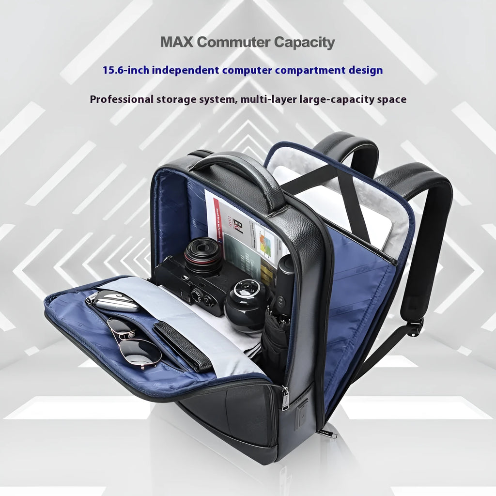 Black genuine cowhide leather business backpack with USB charging port and curved shoulder straps