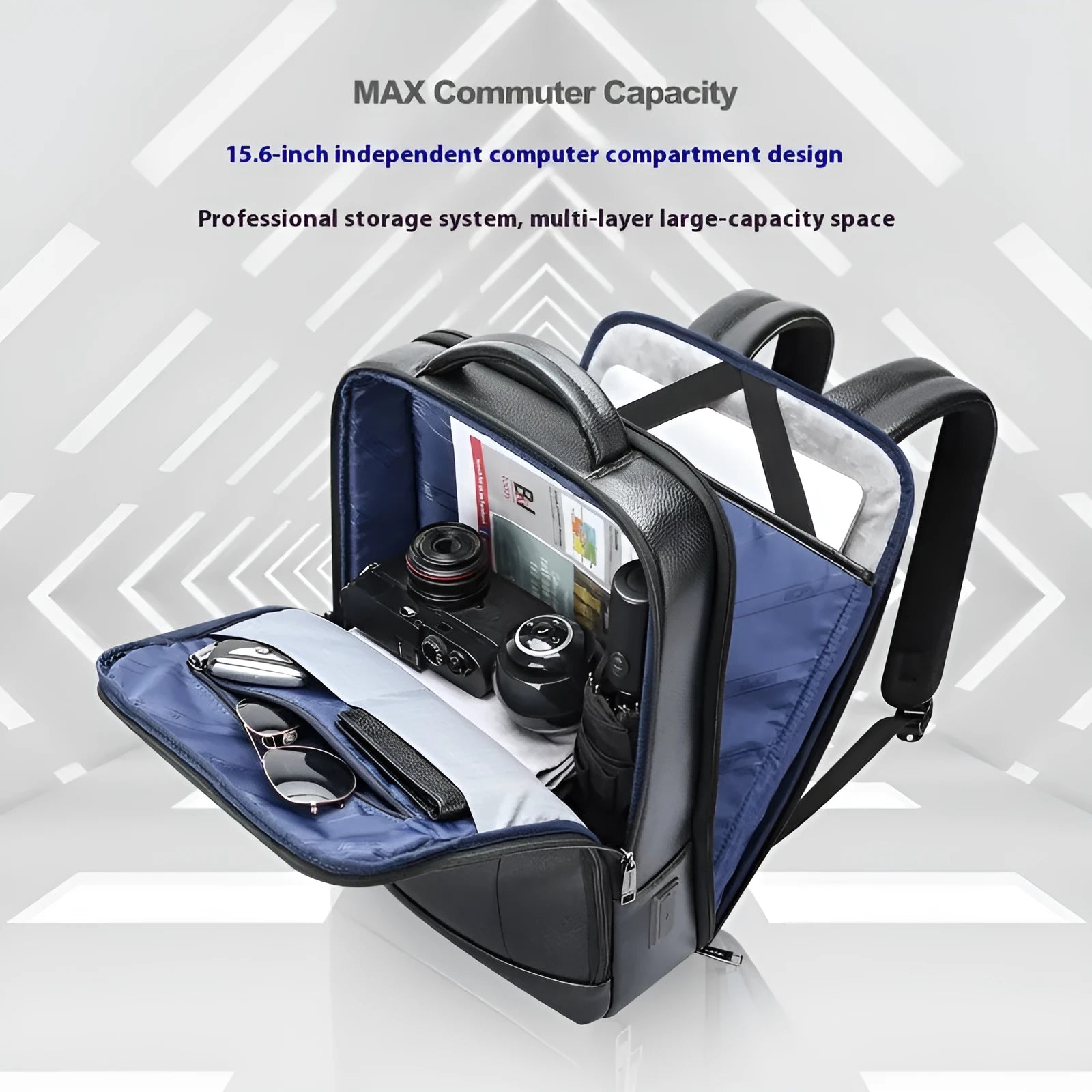 Black genuine cowhide leather business backpack with USB charging port and curved shoulder straps