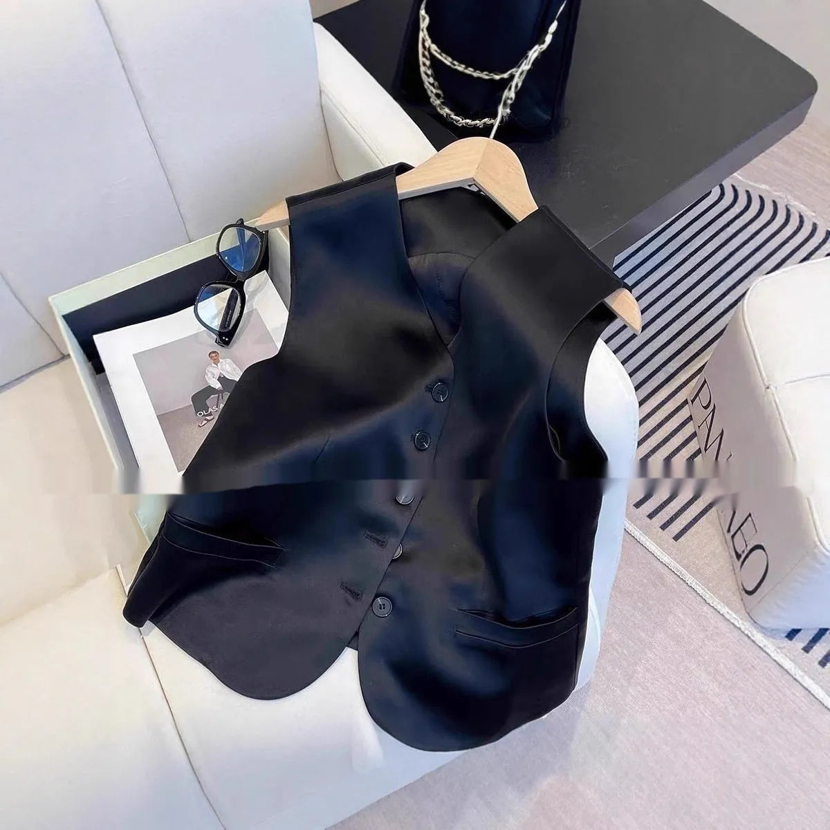 Black satin sleeveless vest for women with loose fit and 50cm length