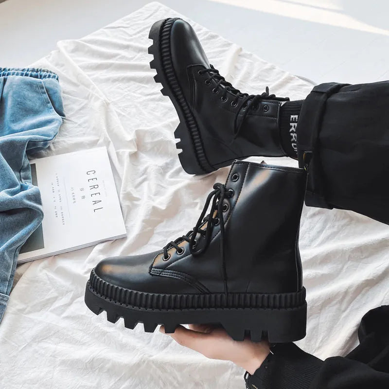 Men's black high-top platform boots with a zip fastener and lace-up detail, made from frosted cowhide leather.