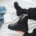 Men's black high-top platform boots with a zip fastener and lace-up detail, made from frosted cowhide leather.