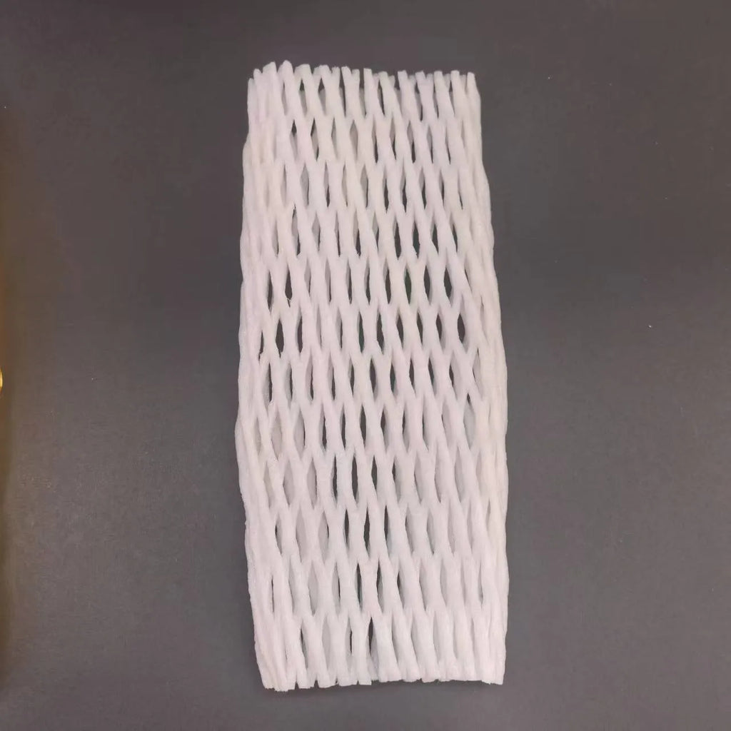 White foam net protective cover shown in various sizes for cushioning fruit and fragile items.