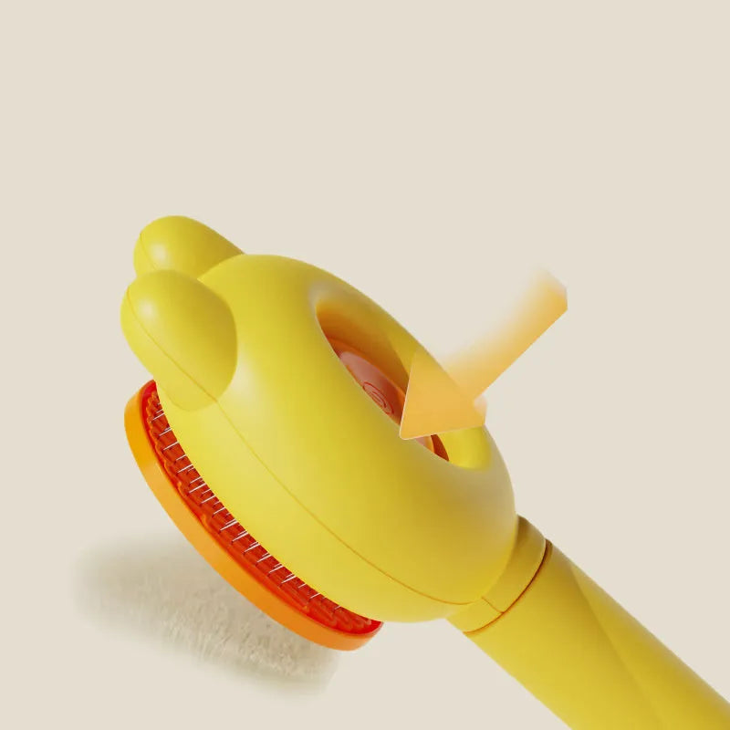 Green self-cleaning pet grooming brush with release button and stainless steel comb on a white background