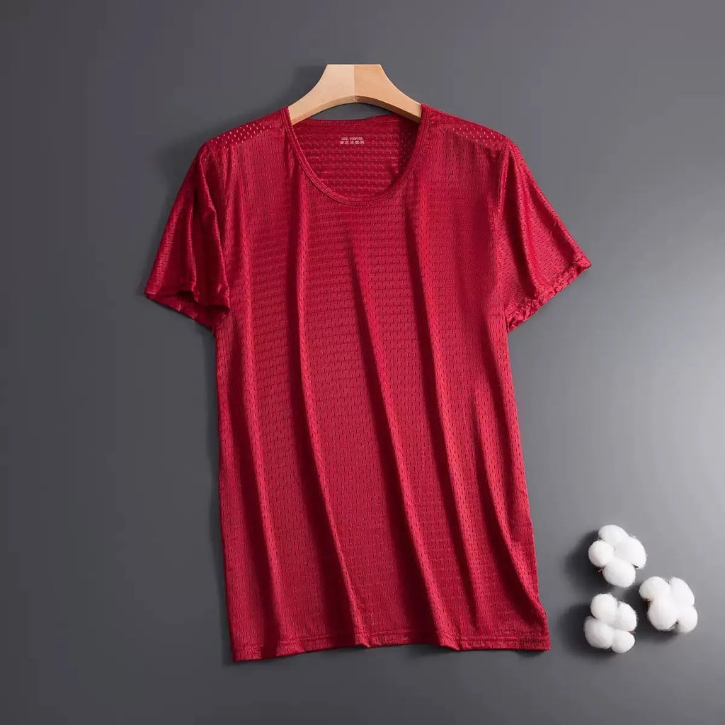 Men's ice silk short sleeve t-shirt in loose fit regular cut, shown in available colours black, white, navy blue, gray and wine red