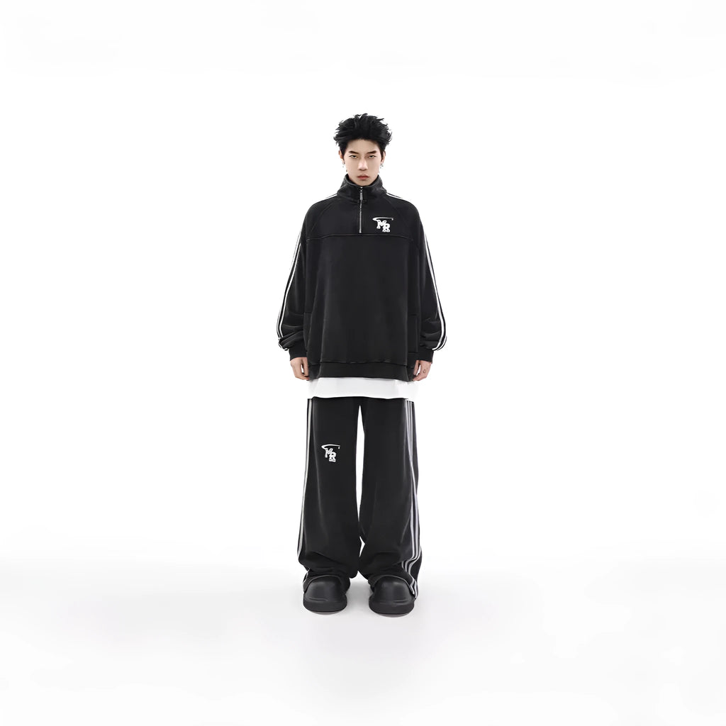 Black Hong Kong style retro sports hoodie with stand collar design and long sleeves
