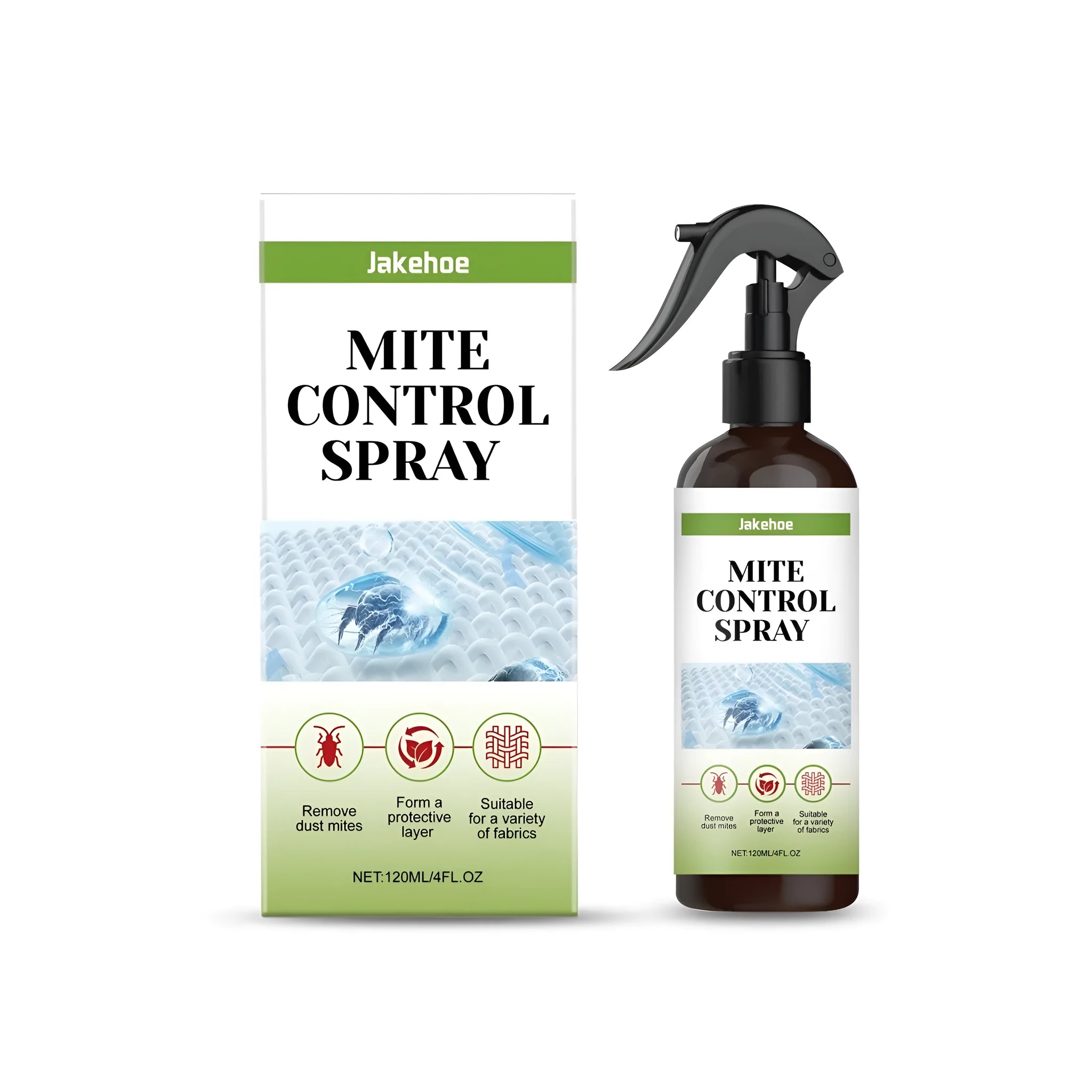 120ml bottle of mite control spray for mattresses, sofas, and bedding fabrics.