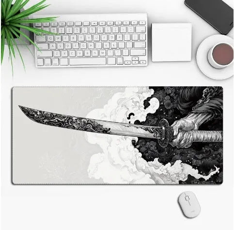 Anime pattern gaming mouse pad with non-slip rubber base on desk surface