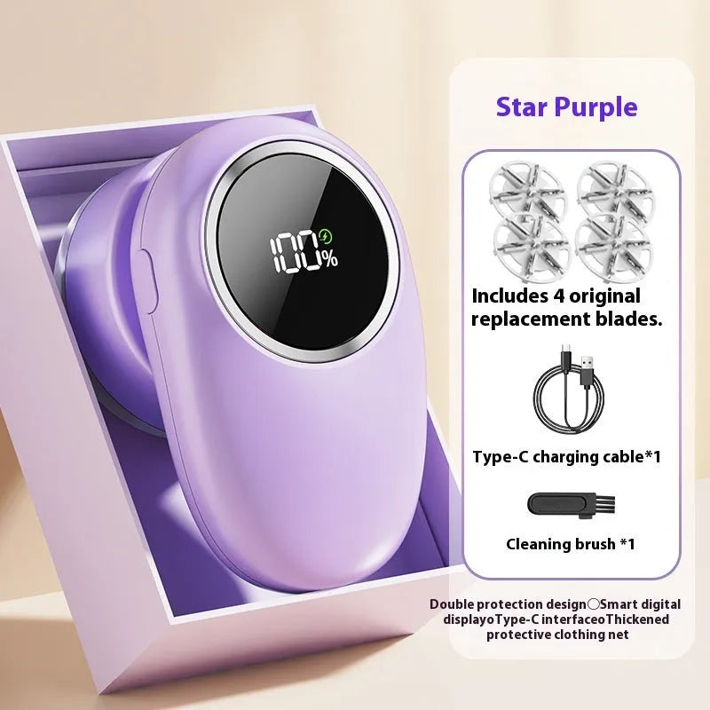 Beige and purple digital fur ball trimmer lint rollers with removable cutter heads on a table.