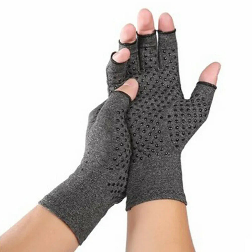 Grey half finger compression gloves showing anti-slip silicone grip palm and joint support design