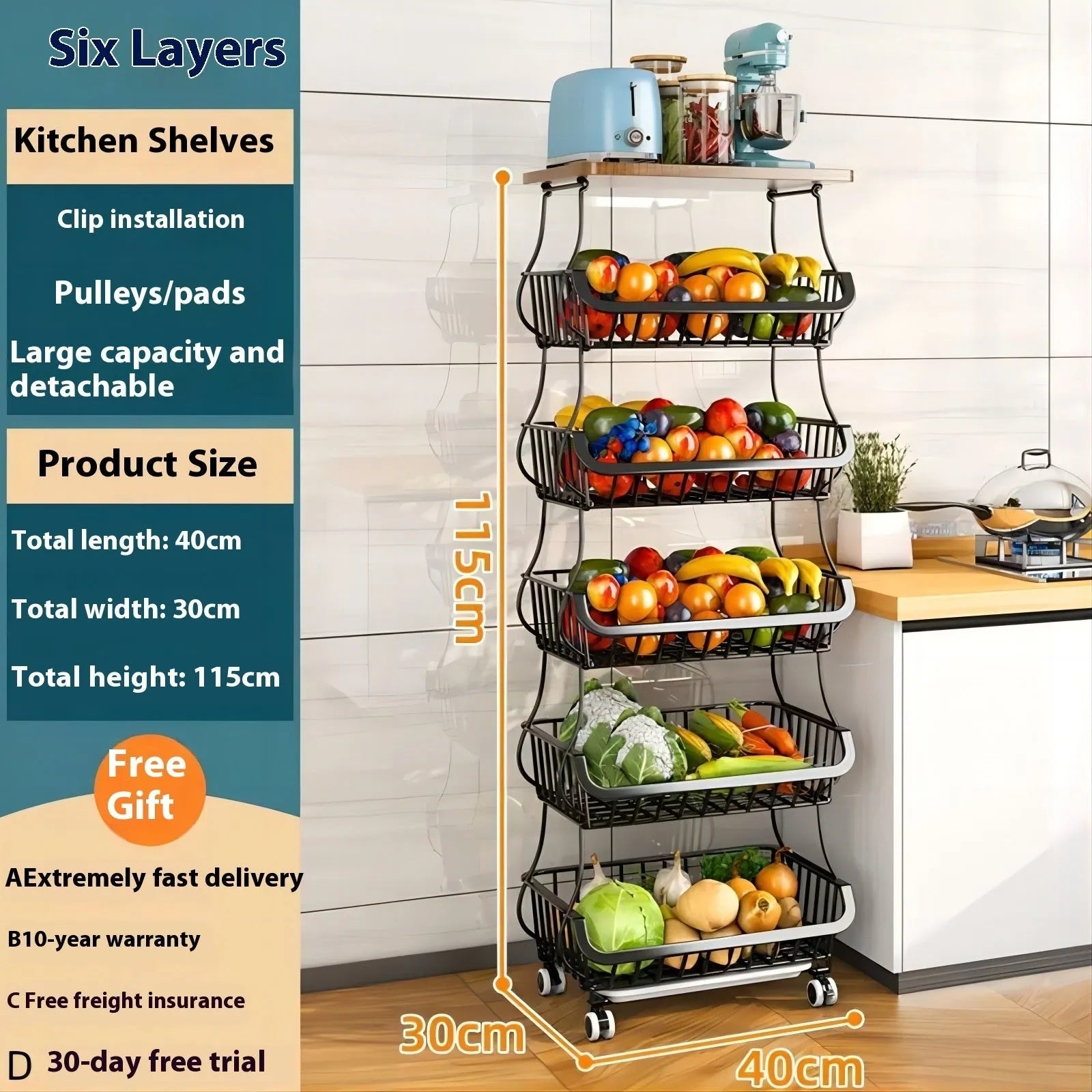 Black six-layer floor-standing kitchen storage trolley with foldable carbon steel frame