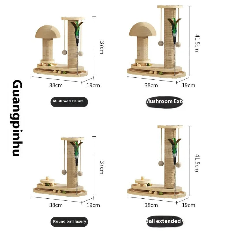 Solid wood cat scratching post with turntable climbing frame in multiple design variations