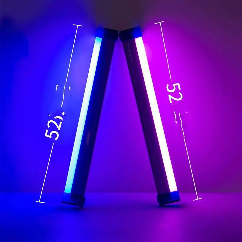 Rechargeable dimmable LED tube light in blue and purple colours shown in a bedroom setting.