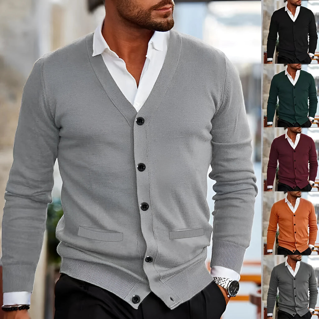 Men's slim-fit acrylic cardigan sweater in a choice of colours including light grey, black, and wine red.